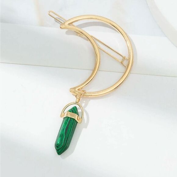 Cottagecore Crescent Moon Gold Hair Accessory with green dangling crystal - Picture 2 of 3